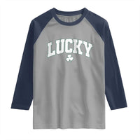 Retro Lucky Raglan Shirt St Patricks Day Irish Shamrock Varsity