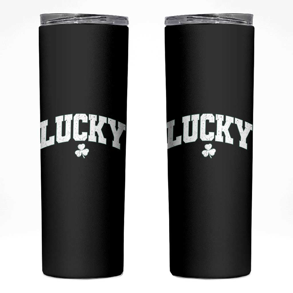 Retro Lucky Skinny Tumbler St Patricks Day Irish Shamrock Varsity