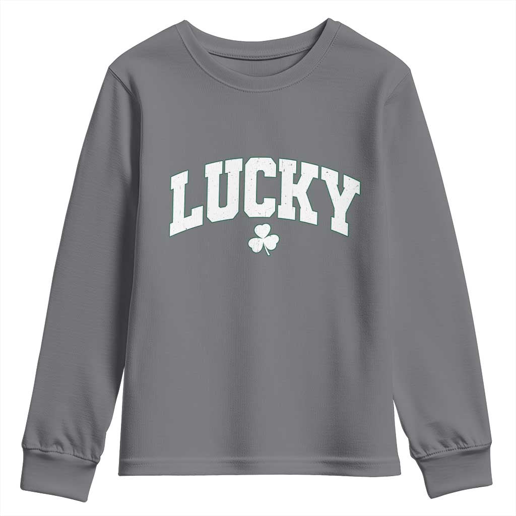 Retro Lucky Youth Sweatshirt St Patricks Day Irish Shamrock Varsity