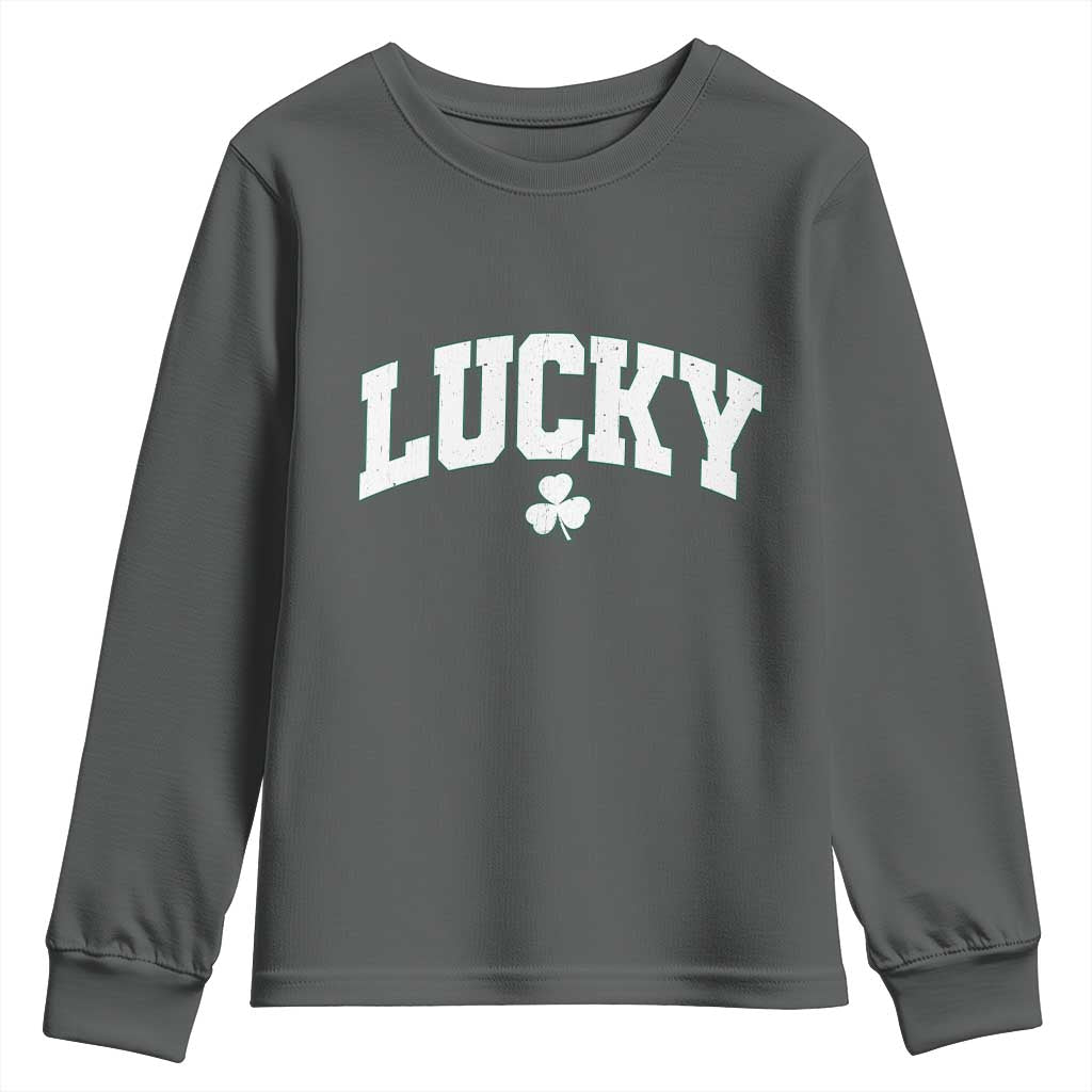 Retro Lucky Youth Sweatshirt St Patricks Day Irish Shamrock Varsity