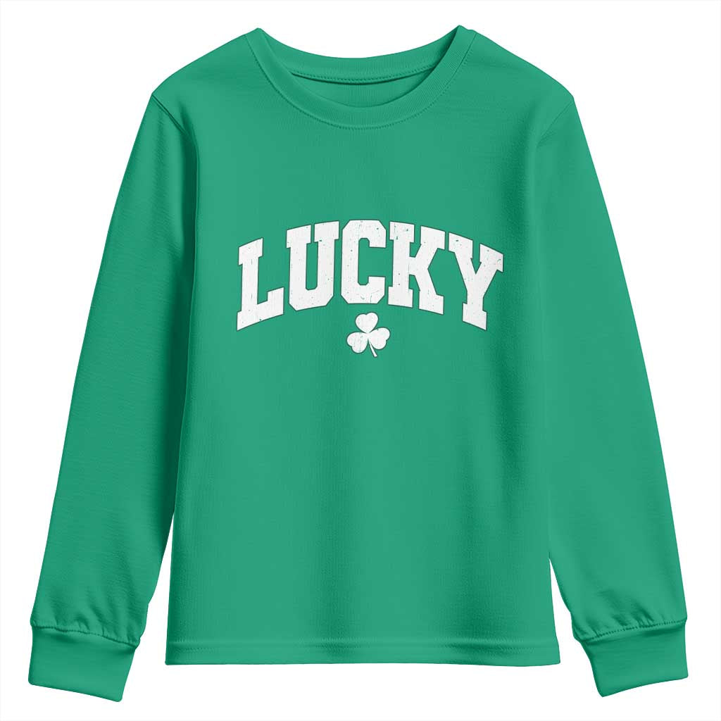 Retro Lucky Youth Sweatshirt St Patricks Day Irish Shamrock Varsity