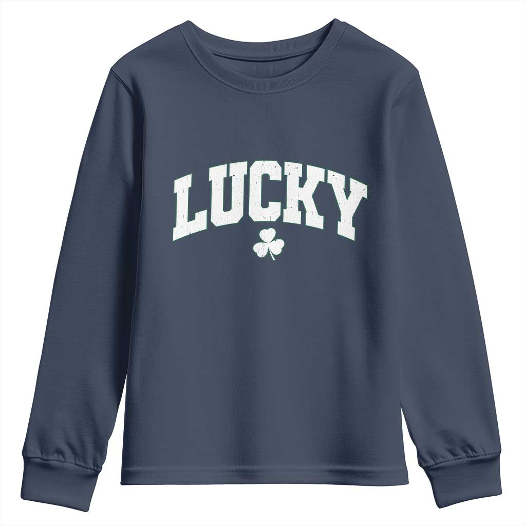 Retro Lucky Youth Sweatshirt St Patricks Day Irish Shamrock Varsity