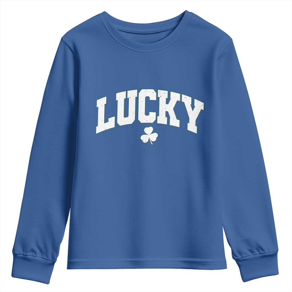 Retro Lucky Youth Sweatshirt St Patricks Day Irish Shamrock Varsity