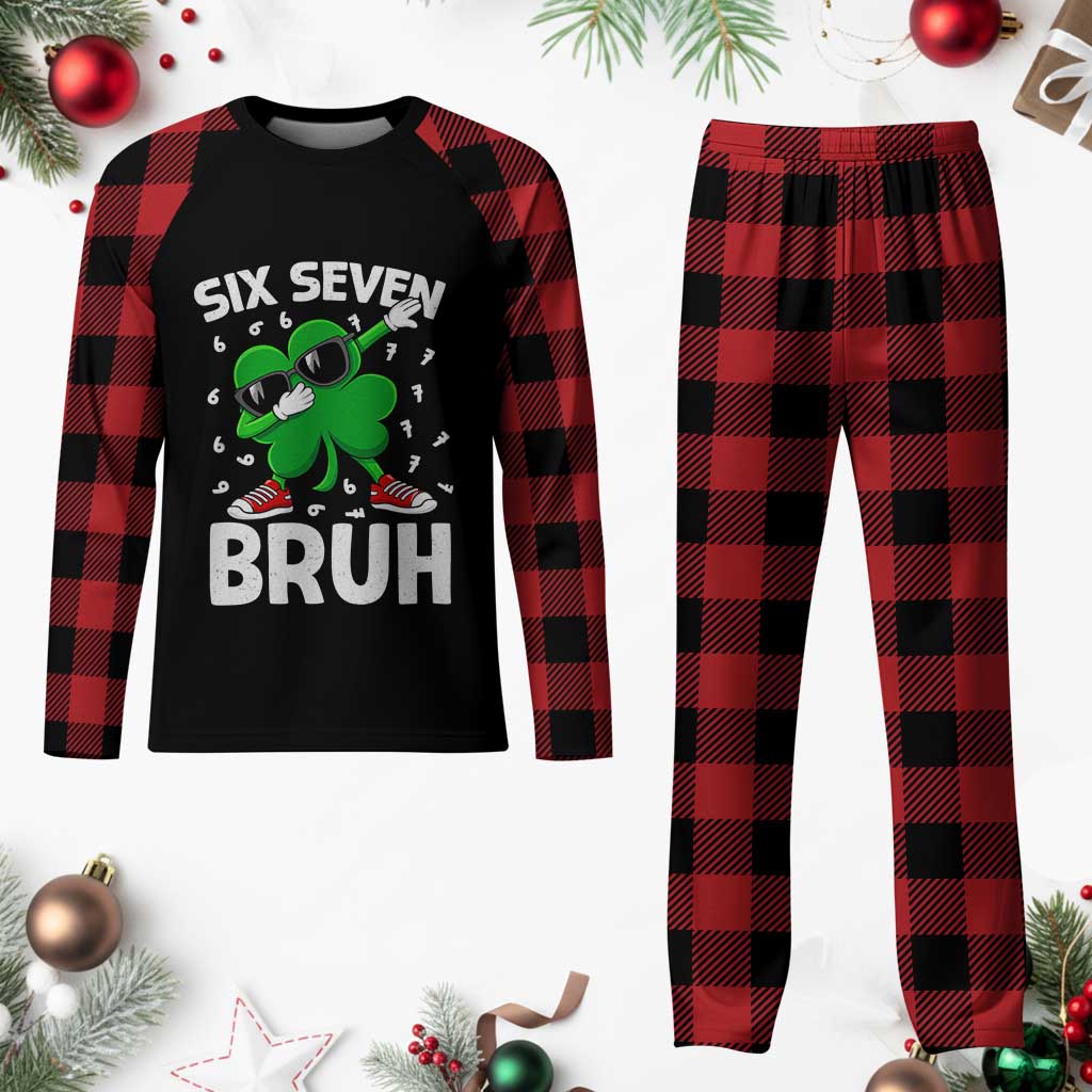 Funny Irish St Patricks Day Shamrock 67 Meme Plaid Pajama Set Six Seven Bruh Gen Alpha Slang