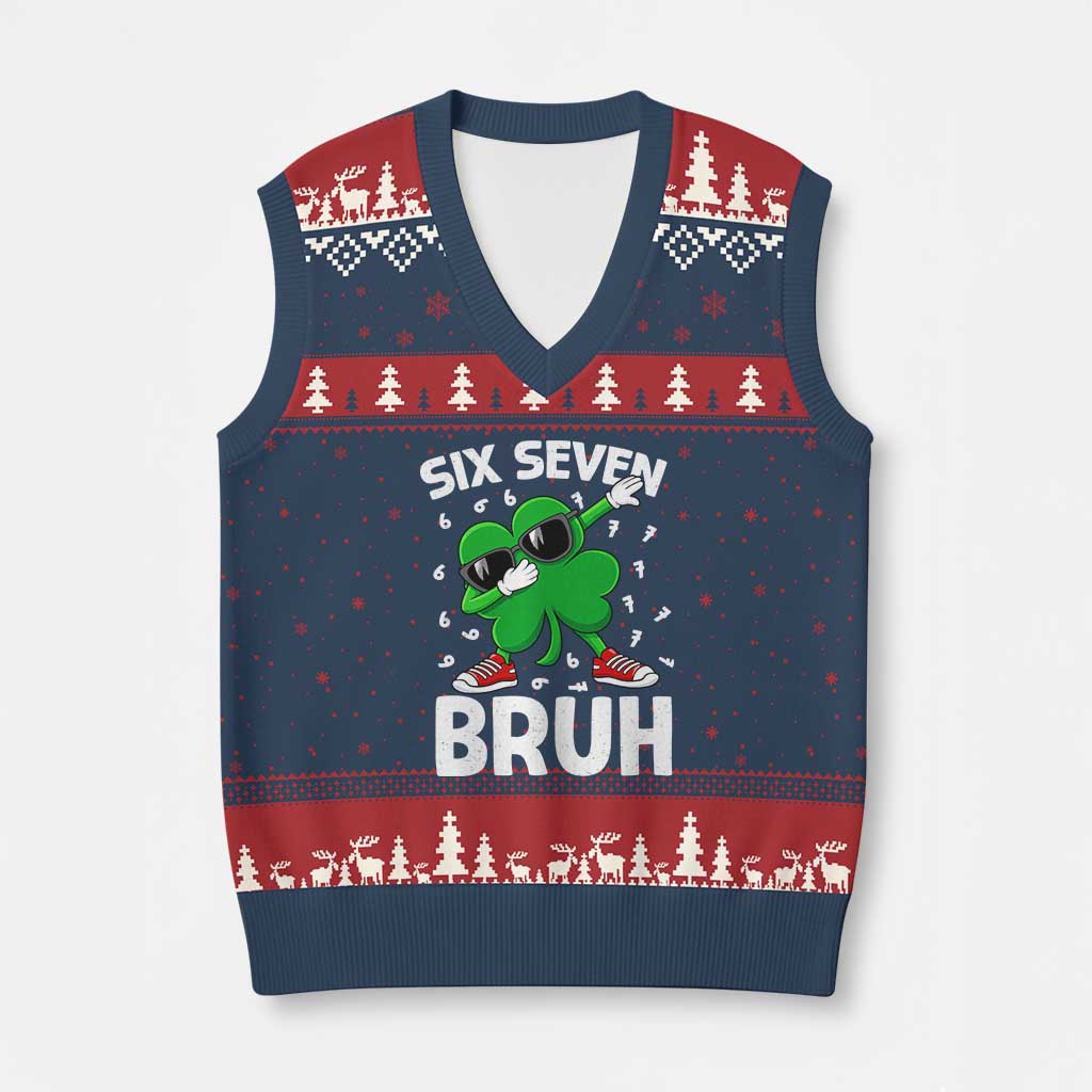 Funny Irish St Patricks Day Shamrock 67 Meme V-Neck Knit Sweater Vest Six Seven Bruh Gen Alpha Slang