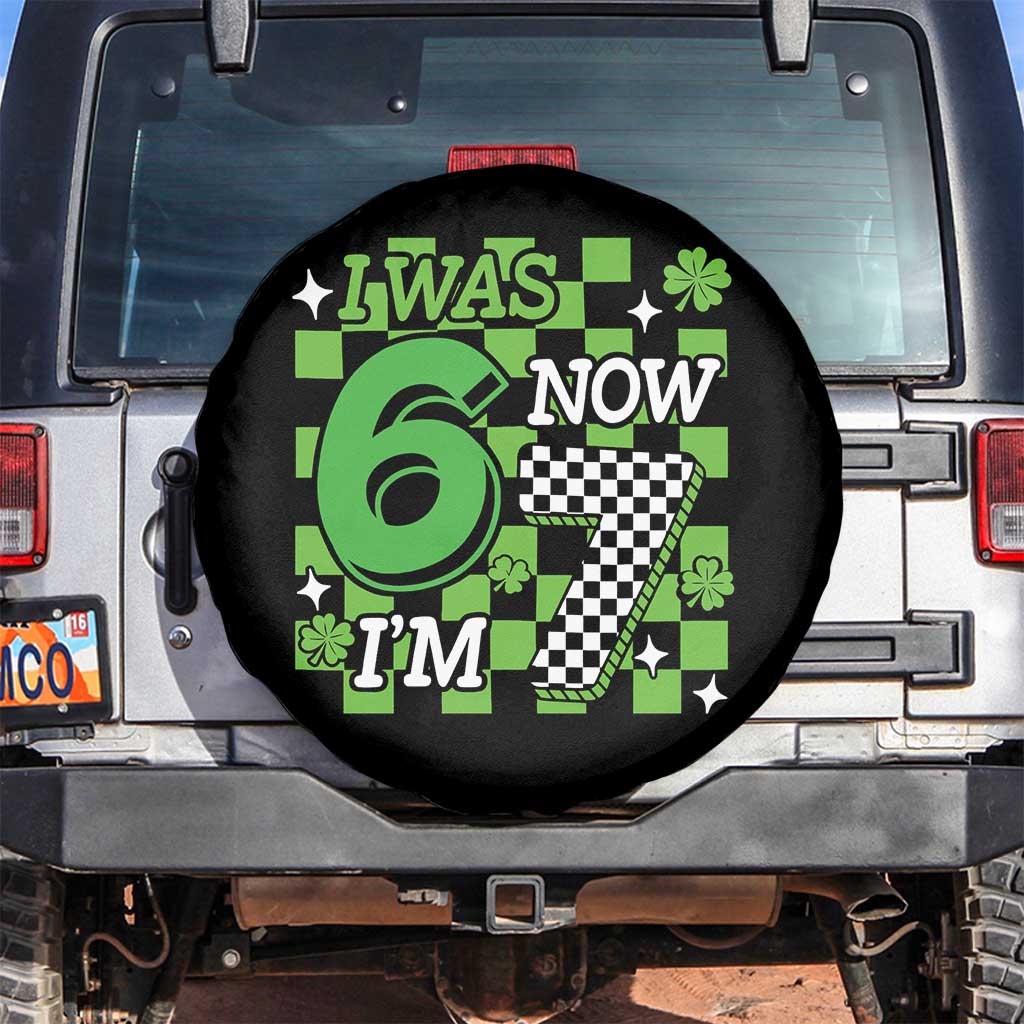 I Was 6 Now I'm 7 Spare Tire Cover Funny 7th 67 Birthday Meme Lucky Shamrock Checkered