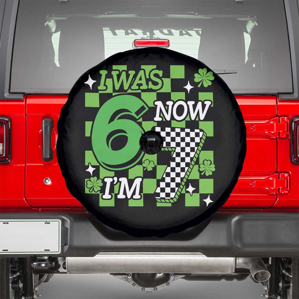 I Was 6 Now I'm 7 Spare Tire Cover Funny 7th 67 Birthday Meme Lucky Shamrock Checkered