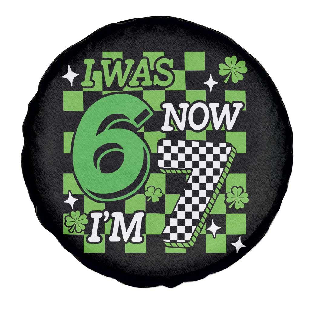 I Was 6 Now I'm 7 Spare Tire Cover Funny 7th 67 Birthday Meme Lucky Shamrock Checkered
