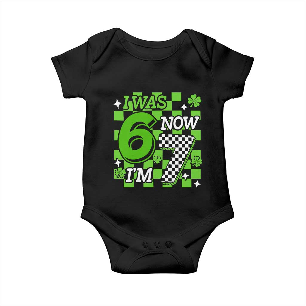 I Was 6 Now I'm 7 Baby Onesie Funny 7th 67 Birthday Meme Lucky Shamrock Checkered