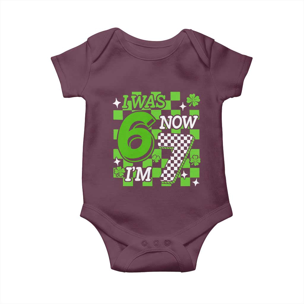 I Was 6 Now I'm 7 Baby Onesie Funny 7th 67 Birthday Meme Lucky Shamrock Checkered