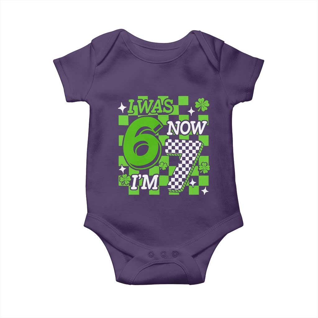 I Was 6 Now I'm 7 Baby Onesie Funny 7th 67 Birthday Meme Lucky Shamrock Checkered