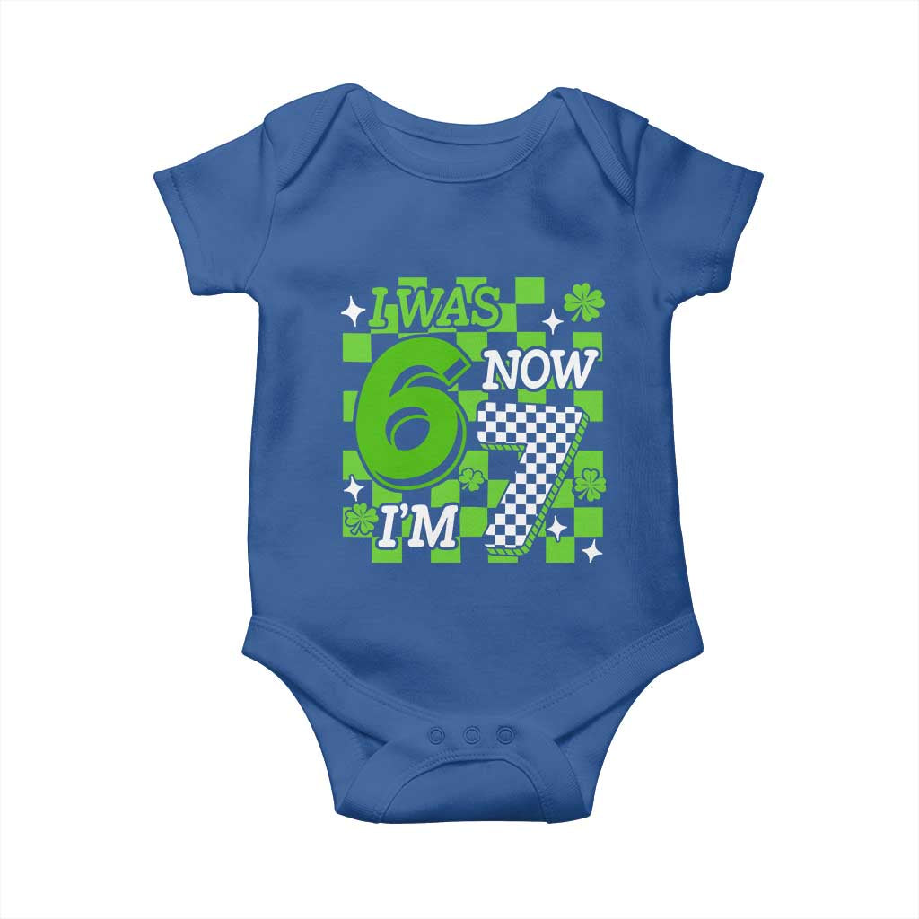 I Was 6 Now I'm 7 Baby Onesie Funny 7th 67 Birthday Meme Lucky Shamrock Checkered