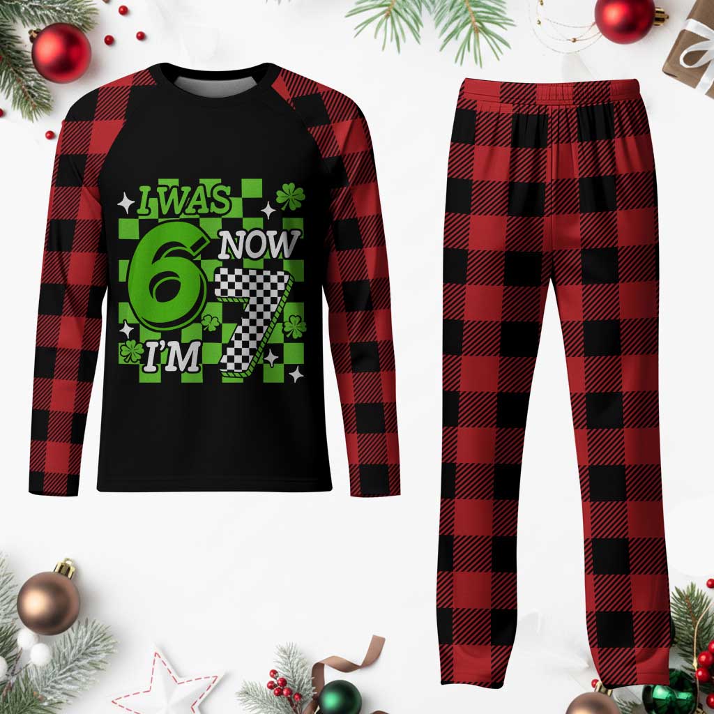 I Was 6 Now I'm 7 Plaid Pajama Set Funny 7th 67 Birthday Meme Lucky Shamrock Checkered