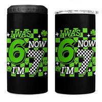 I Was 6 Now I'm 7 4 in 1 Can Cooler Tumbler Funny 7th 67 Birthday Meme Lucky Shamrock Checkered