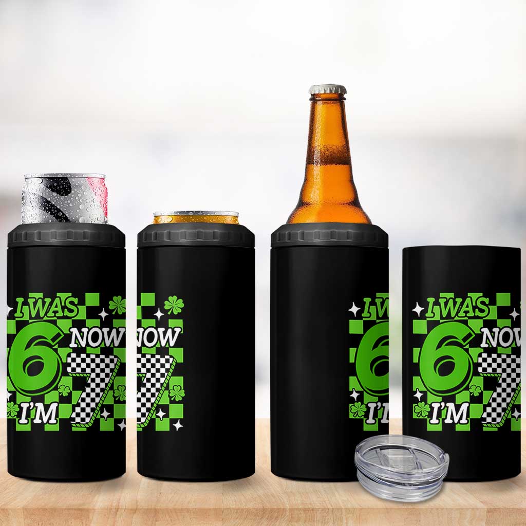 I Was 6 Now I'm 7 4 in 1 Can Cooler Tumbler Funny 7th 67 Birthday Meme Lucky Shamrock Checkered