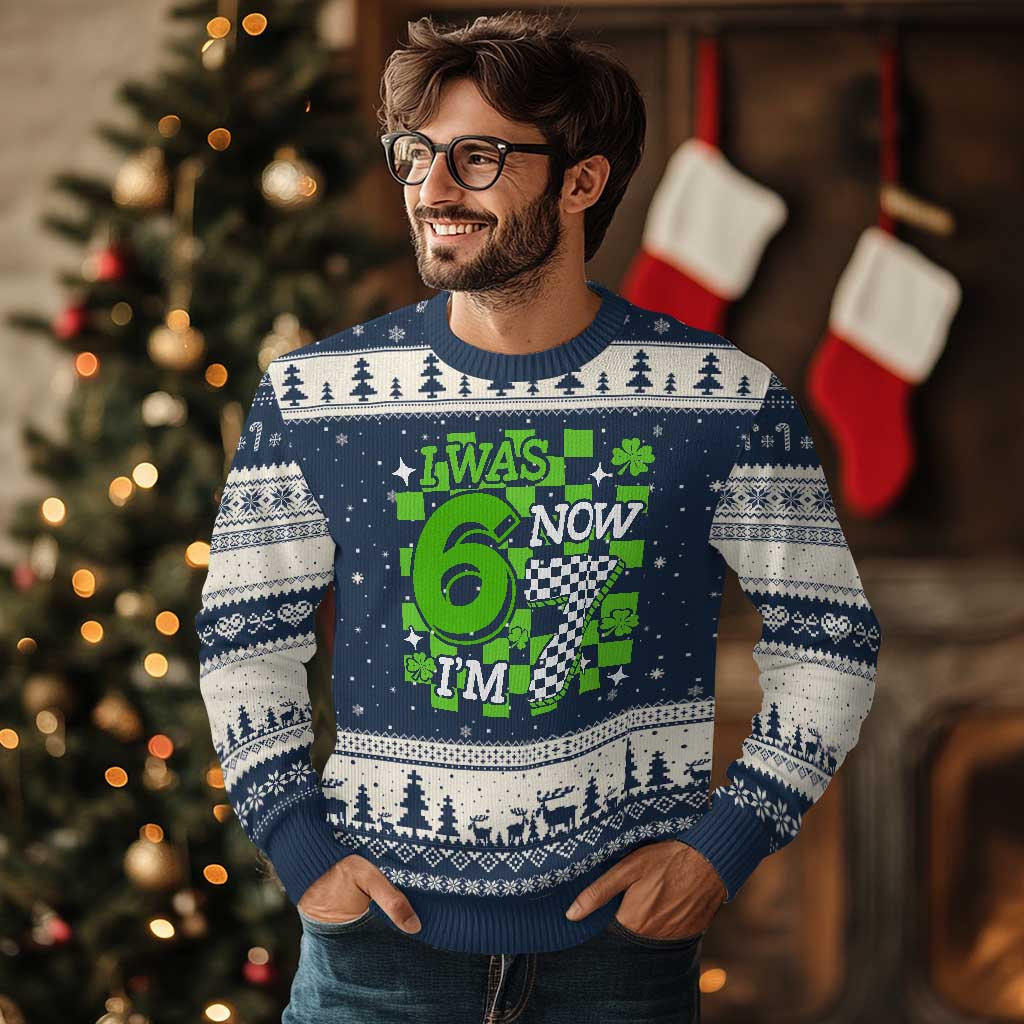 I Was 6 Now I'm 7 Ugly Christmas Sweater Funny 7th 67 Birthday Meme Lucky Shamrock Checkered