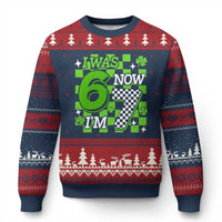 I Was 6 Now I'm 7 Ugly Christmas Sweater Funny 7th 67 Birthday Meme Lucky Shamrock Checkered