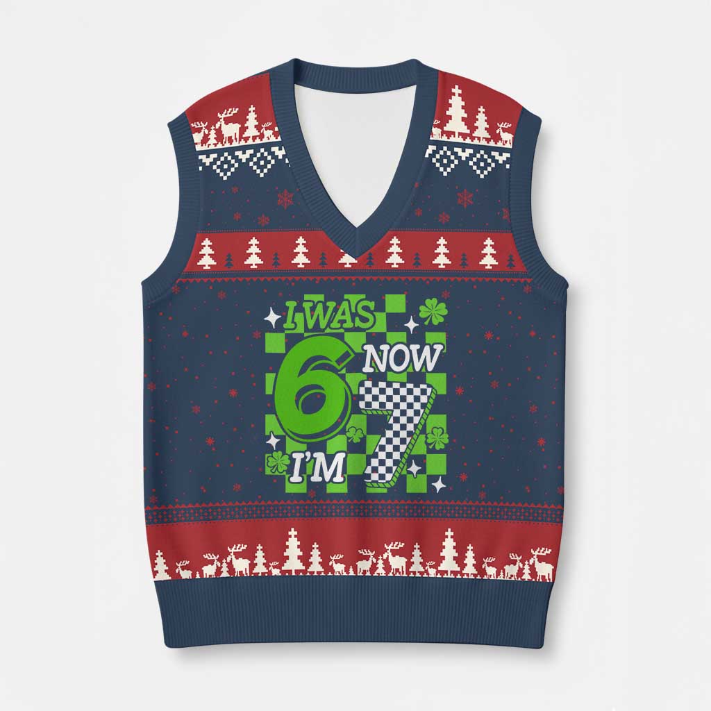 I Was 6 Now I'm 7 V-Neck Knit Sweater Vest Funny 7th 67 Birthday Meme Lucky Shamrock Checkered