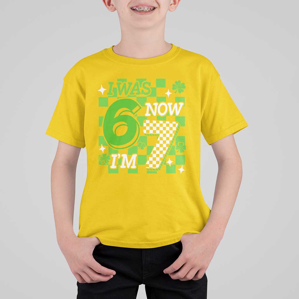 I Was 6 Now I'm 7 T Shirt For Kid Funny 7th 67 Birthday Meme Lucky Shamrock Checkered