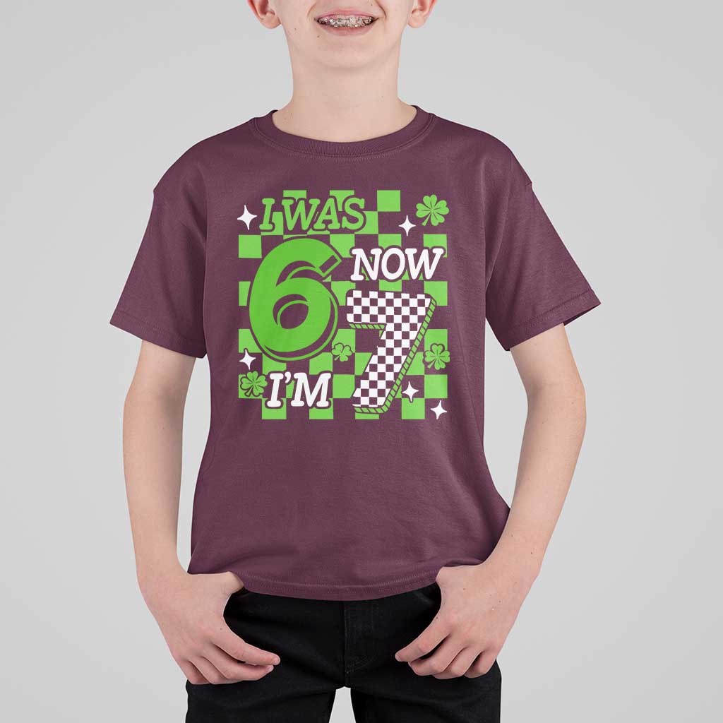 I Was 6 Now I'm 7 T Shirt For Kid Funny 7th 67 Birthday Meme Lucky Shamrock Checkered