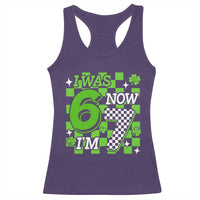 I Was 6 Now I'm 7 Racerback Tank Top Funny 7th 67 Birthday Meme Lucky Shamrock Checkered