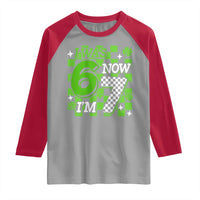 I Was 6 Now I'm 7 Raglan Shirt Funny 7th 67 Birthday Meme Lucky Shamrock Checkered