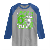 I Was 6 Now I'm 7 Raglan Shirt Funny 7th 67 Birthday Meme Lucky Shamrock Checkered