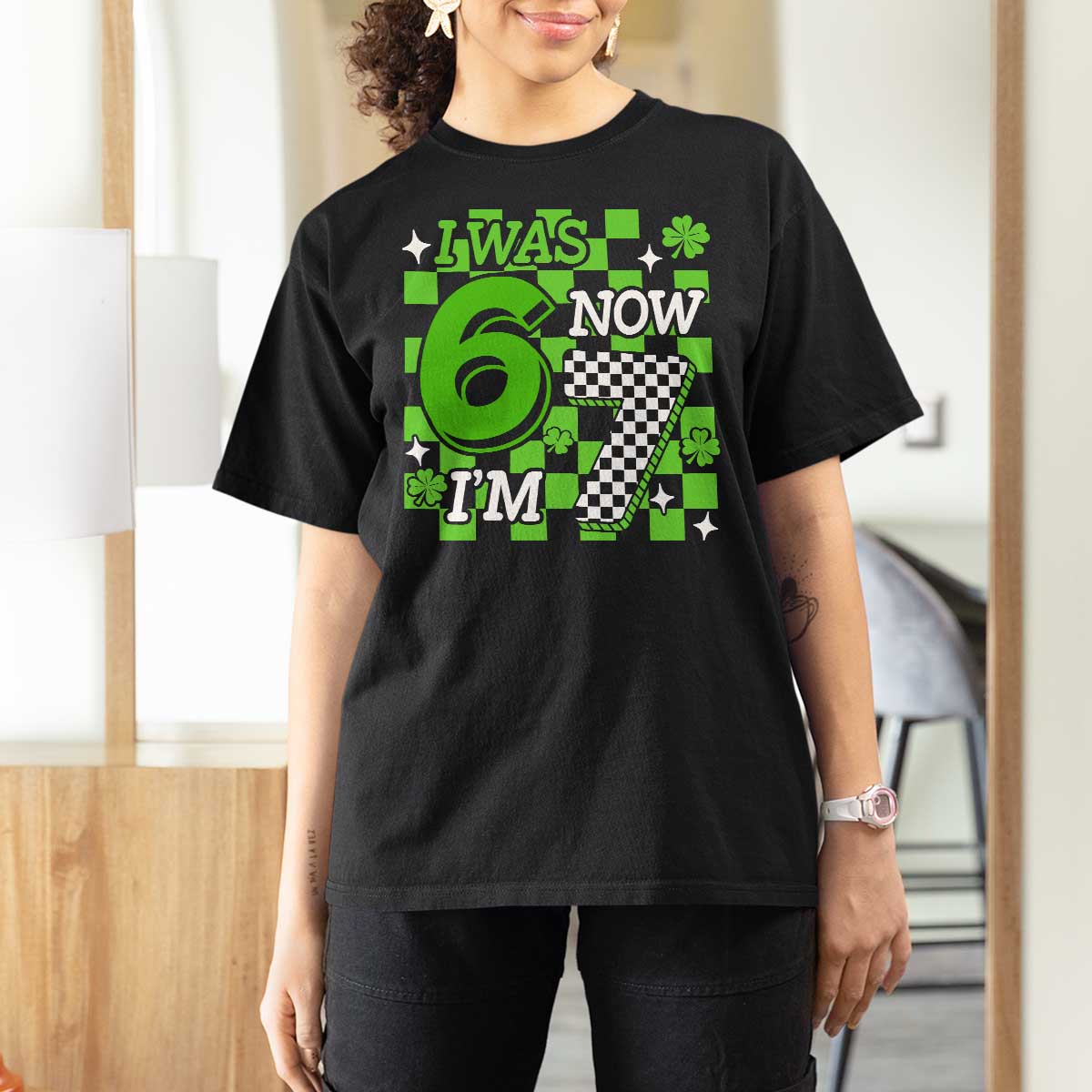I Was 6 Now I'm 7 T Shirt For Women Funny 7th 67 Birthday Meme Lucky Shamrock Checkered