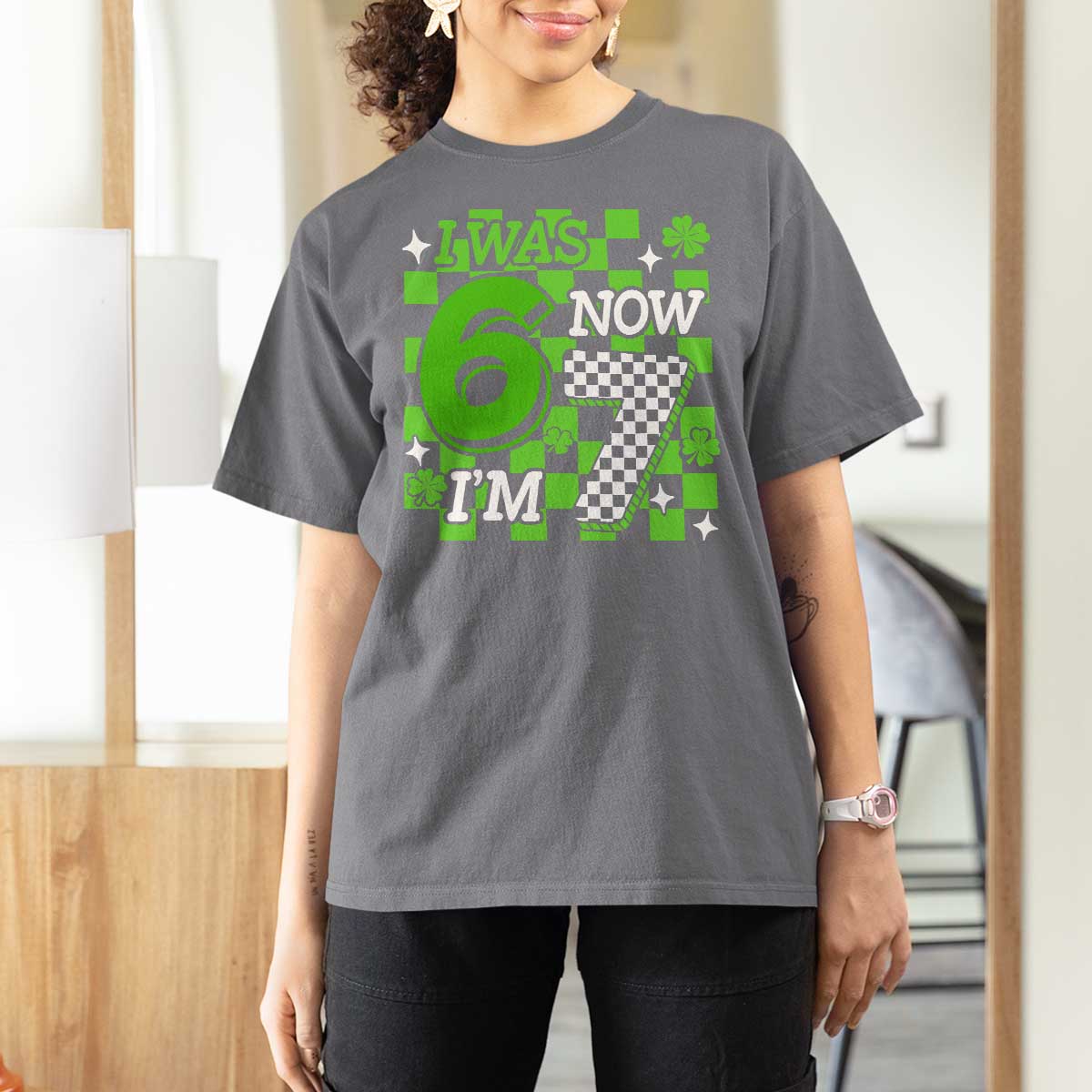 I Was 6 Now I'm 7 T Shirt For Women Funny 7th 67 Birthday Meme Lucky Shamrock Checkered