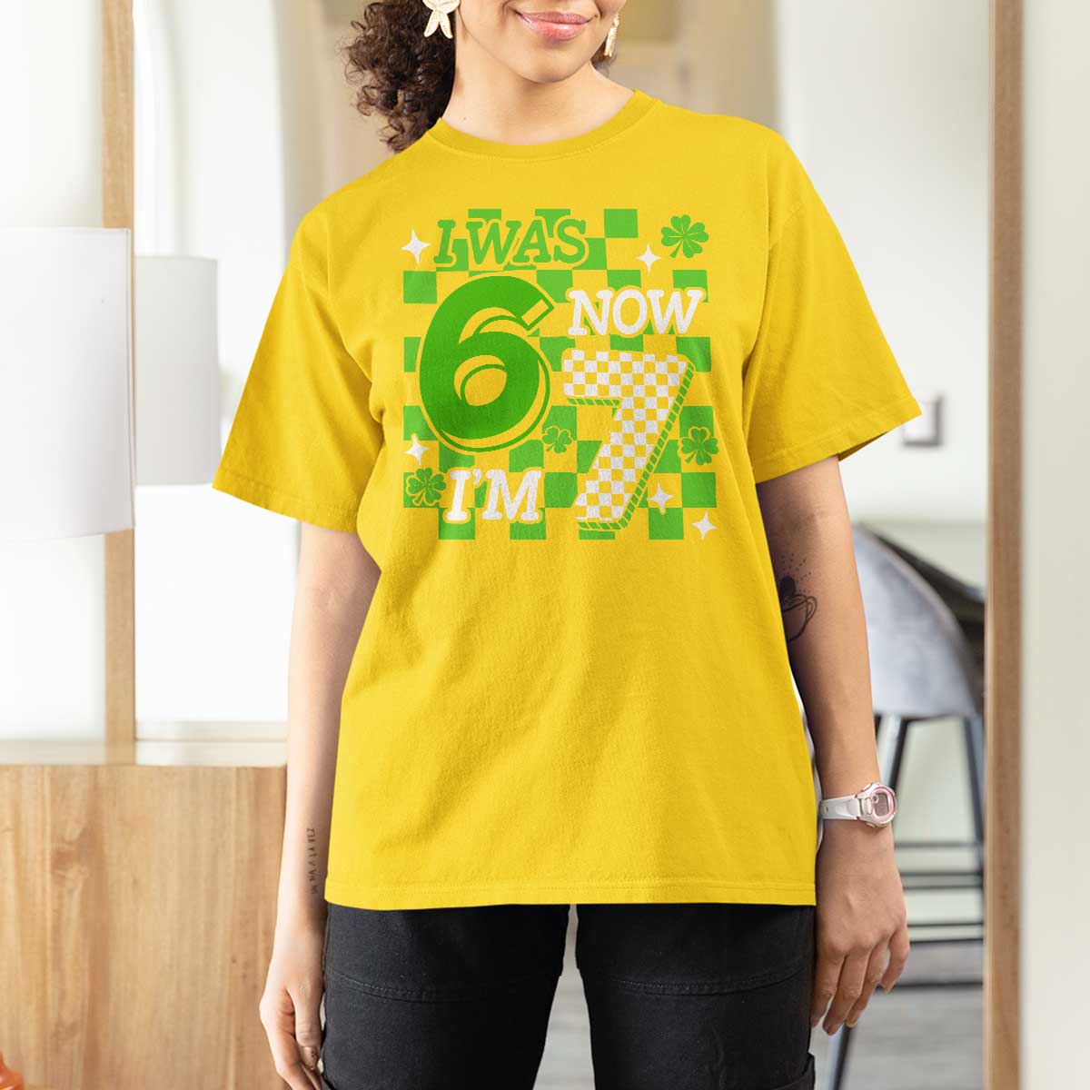 I Was 6 Now I'm 7 T Shirt For Women Funny 7th 67 Birthday Meme Lucky Shamrock Checkered