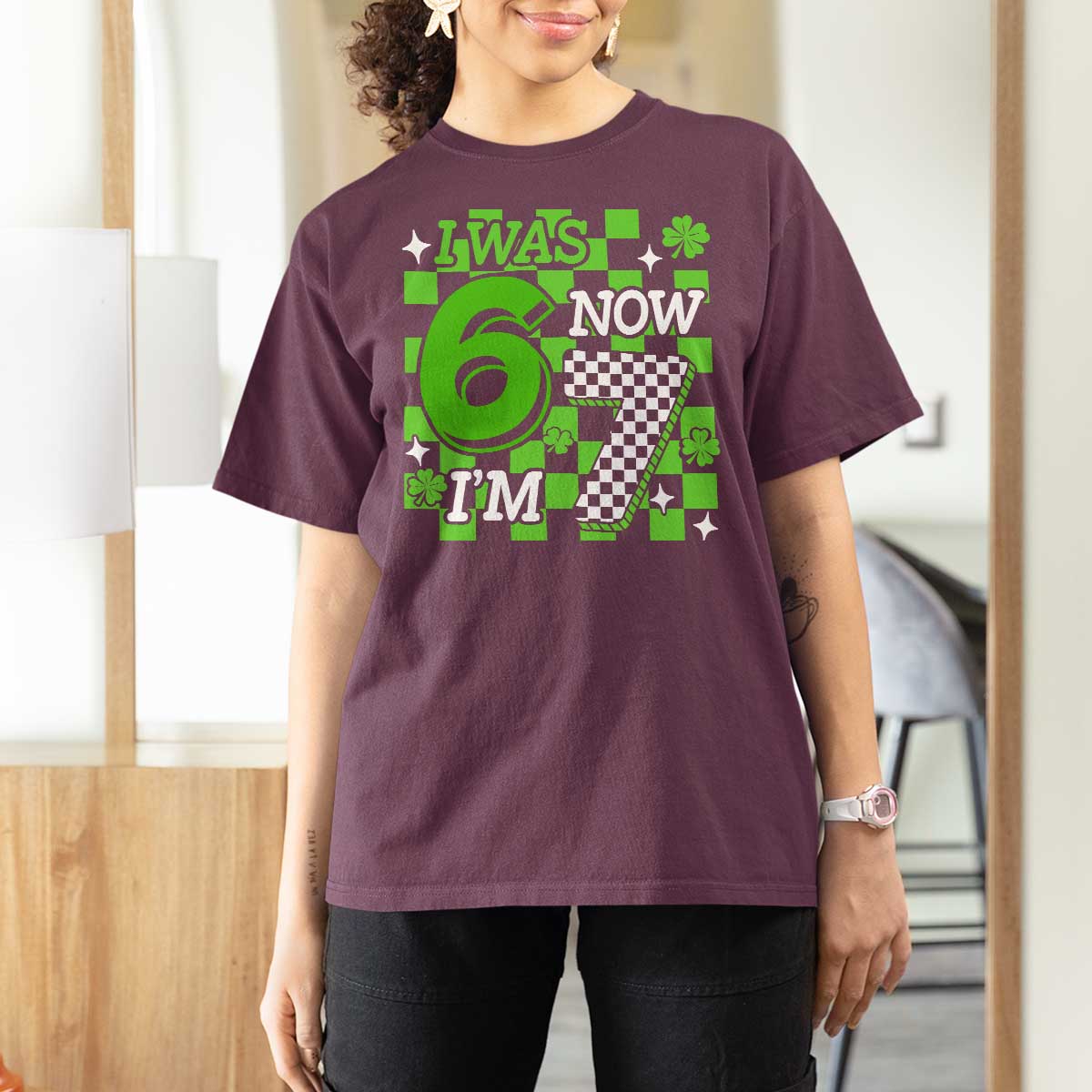 I Was 6 Now I'm 7 T Shirt For Women Funny 7th 67 Birthday Meme Lucky Shamrock Checkered