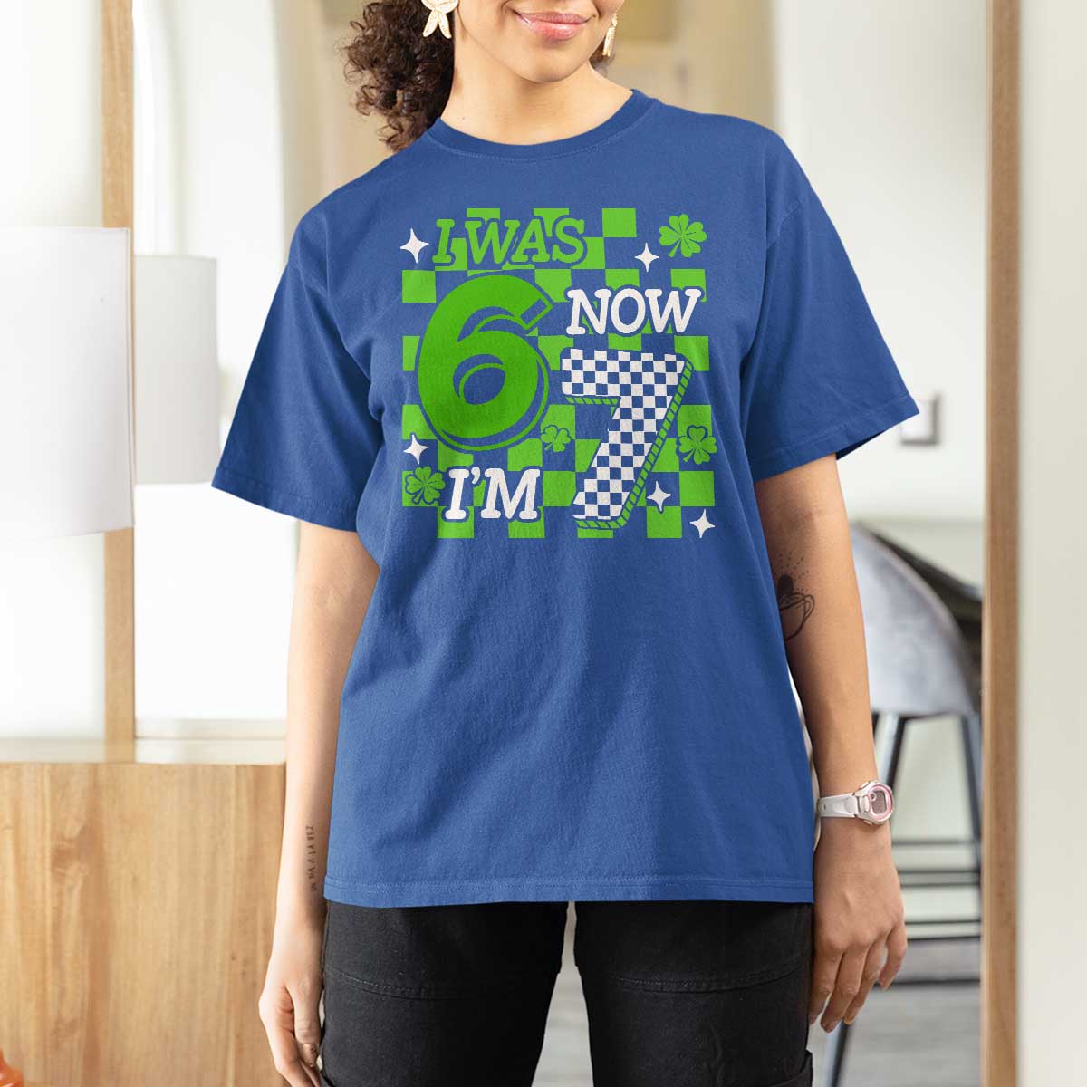 I Was 6 Now I'm 7 T Shirt For Women Funny 7th 67 Birthday Meme Lucky Shamrock Checkered