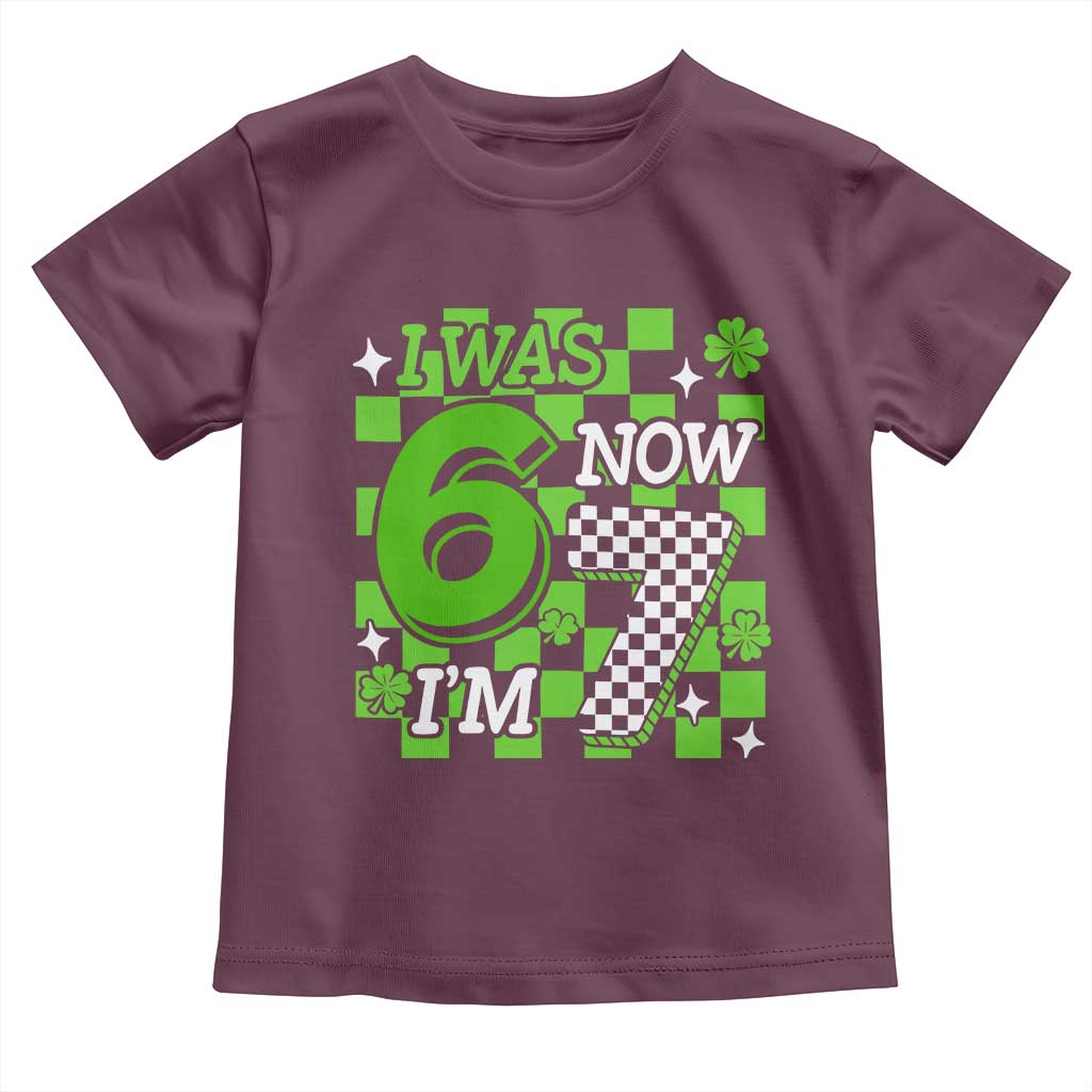 I Was 6 Now I'm 7 Toddler T Shirt Funny 7th 67 Birthday Meme Lucky Shamrock Checkered