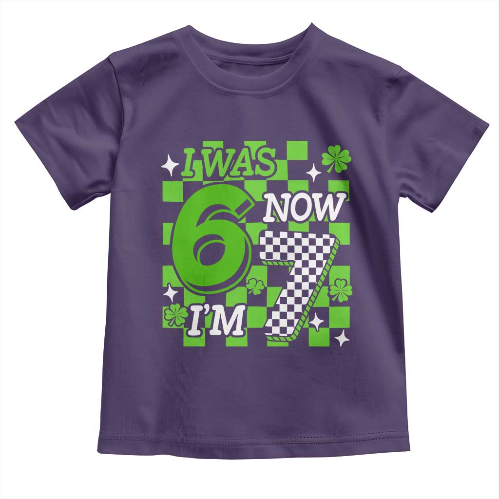 I Was 6 Now I'm 7 Toddler T Shirt Funny 7th 67 Birthday Meme Lucky Shamrock Checkered