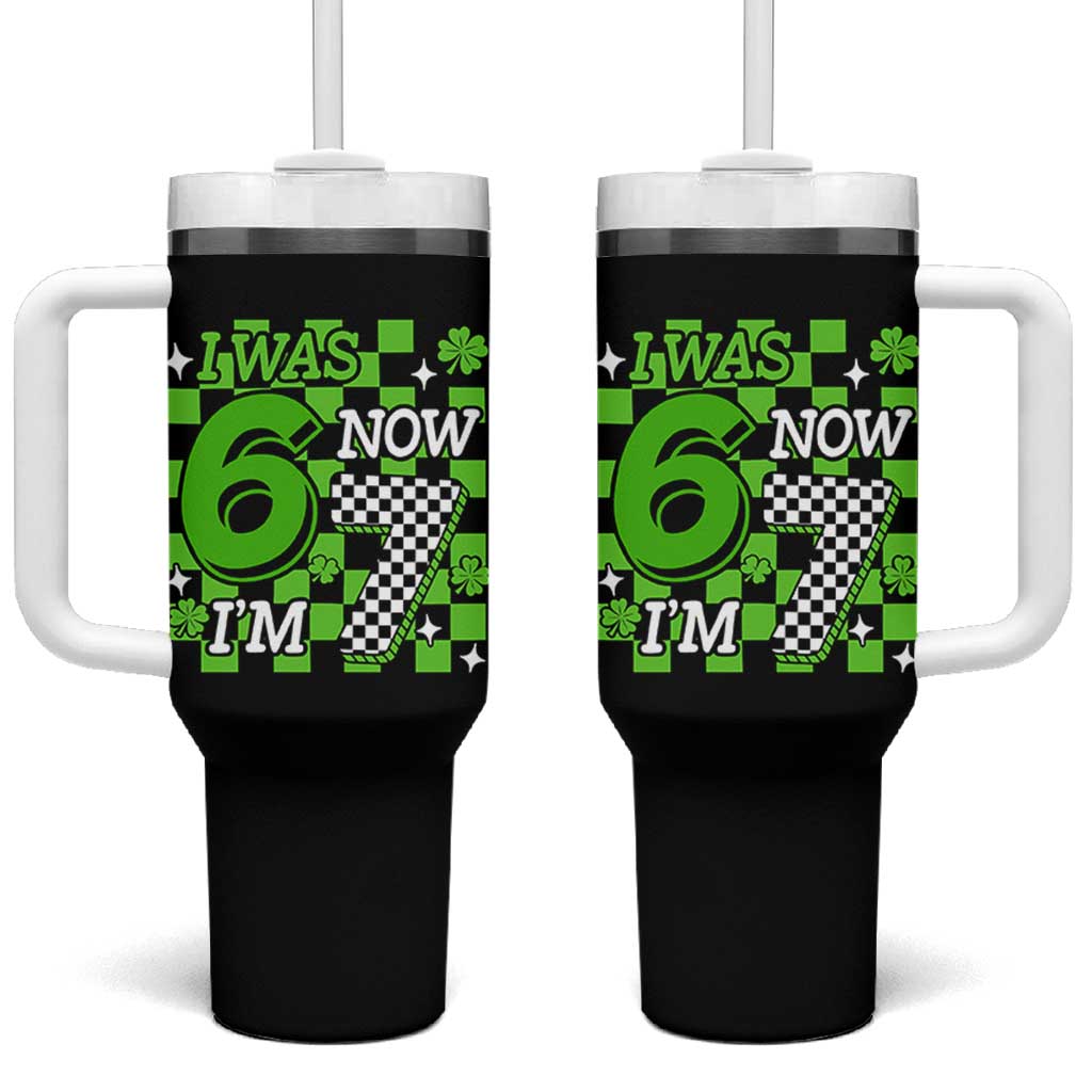 I Was 6 Now I'm 7 Tumbler With Handle Funny 7th 67 Birthday Meme Lucky Shamrock Checkered