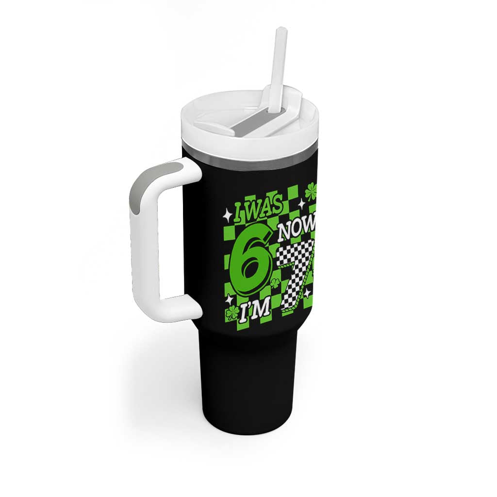 I Was 6 Now I'm 7 Tumbler With Handle Funny 7th 67 Birthday Meme Lucky Shamrock Checkered
