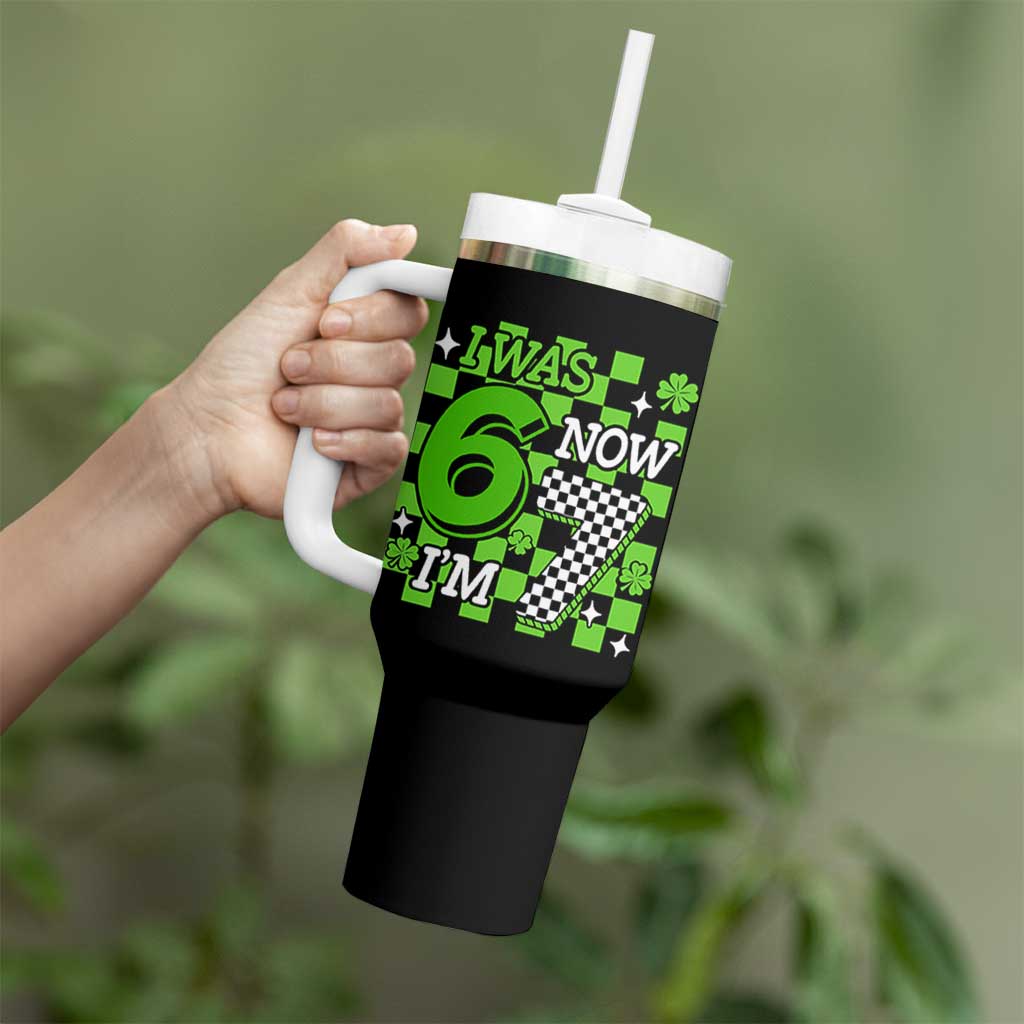 I Was 6 Now I'm 7 Tumbler With Handle Funny 7th 67 Birthday Meme Lucky Shamrock Checkered