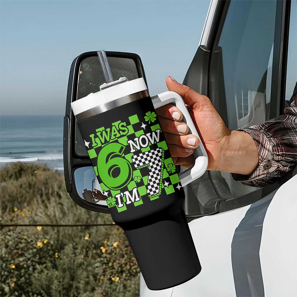 I Was 6 Now I'm 7 Tumbler With Handle Funny 7th 67 Birthday Meme Lucky Shamrock Checkered