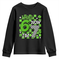 I Was 6 Now I'm 7 Youth Sweatshirt Funny 7th 67 Birthday Meme Lucky Shamrock Checkered