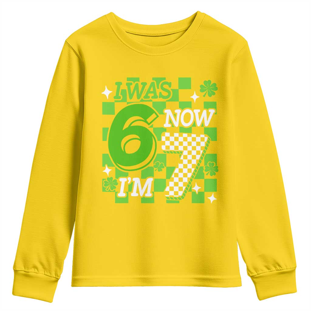 I Was 6 Now I'm 7 Youth Sweatshirt Funny 7th 67 Birthday Meme Lucky Shamrock Checkered