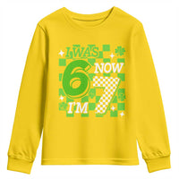 I Was 6 Now I'm 7 Youth Sweatshirt Funny 7th 67 Birthday Meme Lucky Shamrock Checkered