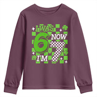 I Was 6 Now I'm 7 Youth Sweatshirt Funny 7th 67 Birthday Meme Lucky Shamrock Checkered