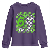 I Was 6 Now I'm 7 Youth Sweatshirt Funny 7th 67 Birthday Meme Lucky Shamrock Checkered