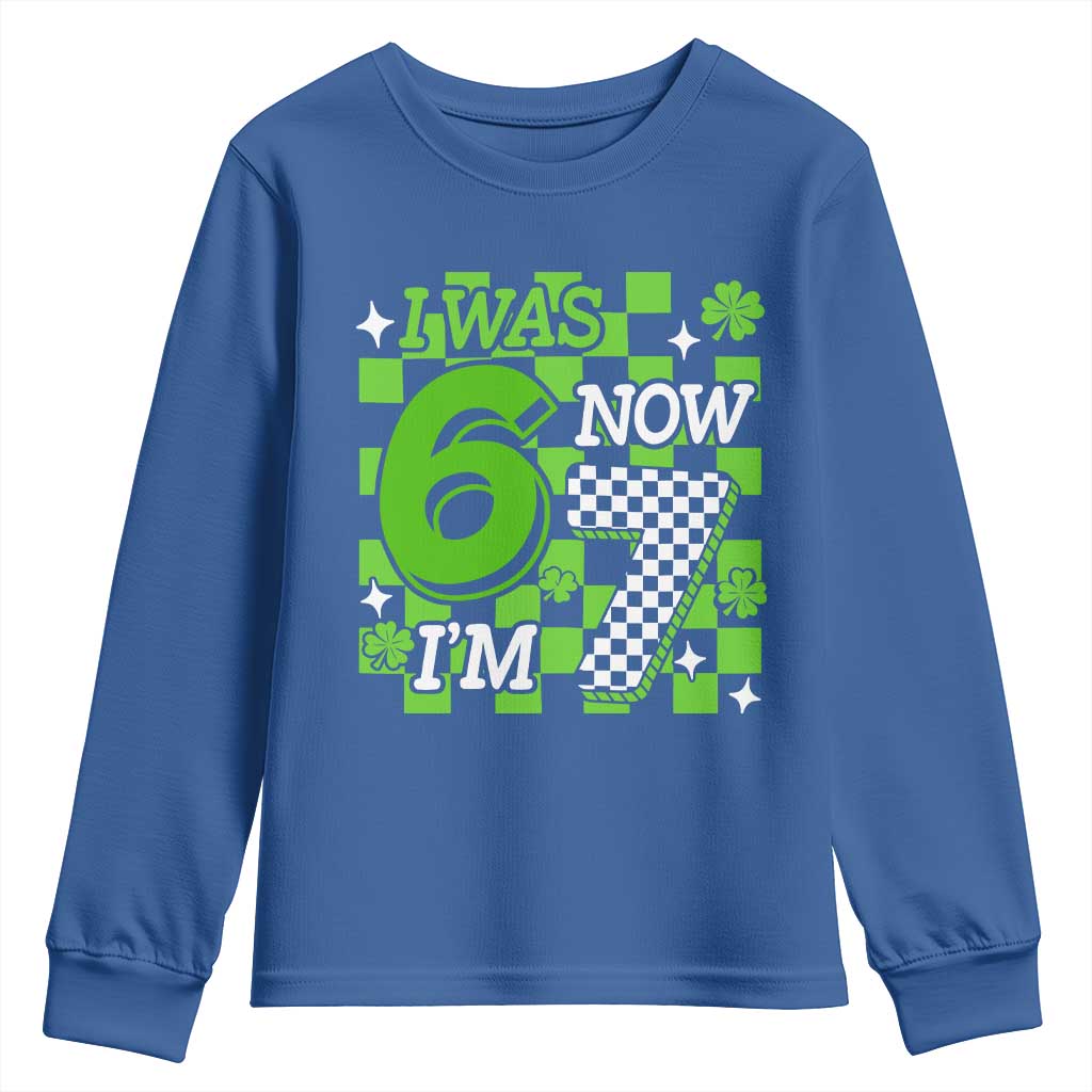 I Was 6 Now I'm 7 Youth Sweatshirt Funny 7th 67 Birthday Meme Lucky Shamrock Checkered