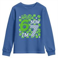 I Was 6 Now I'm 7 Youth Sweatshirt Funny 7th 67 Birthday Meme Lucky Shamrock Checkered