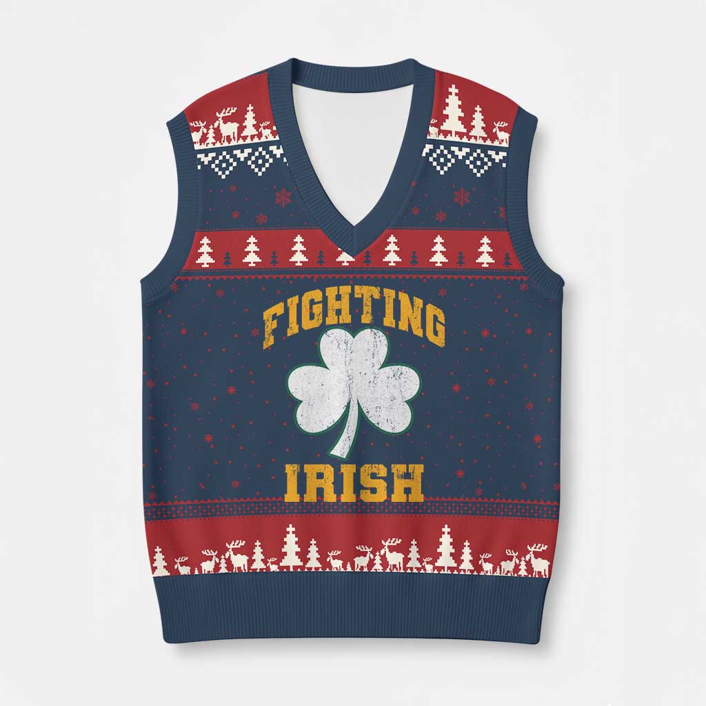 Vintage Fighting Irish V-Neck Knit Sweater Vest Retro History Gold Shamrock