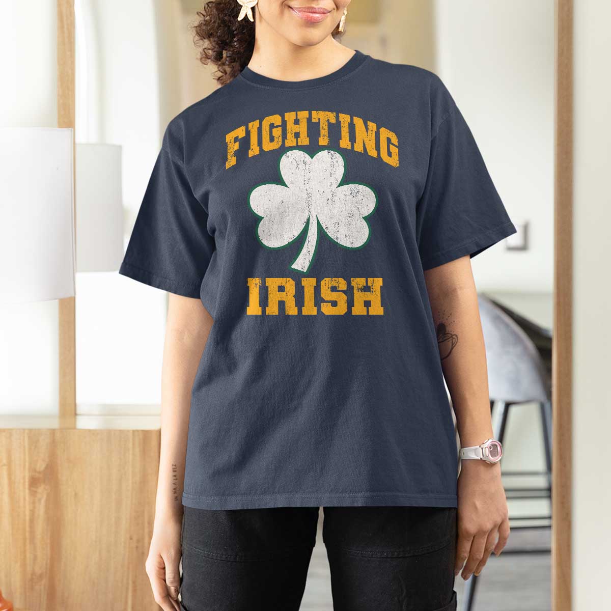 Vintage Fighting Irish T Shirt For Women Retro History Gold Shamrock