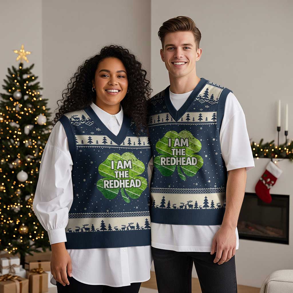 Funny Irish St Patricks Day Im The Redhead V-Neck Knit Sweater Vest Retro Vintage Lucky Shamrock