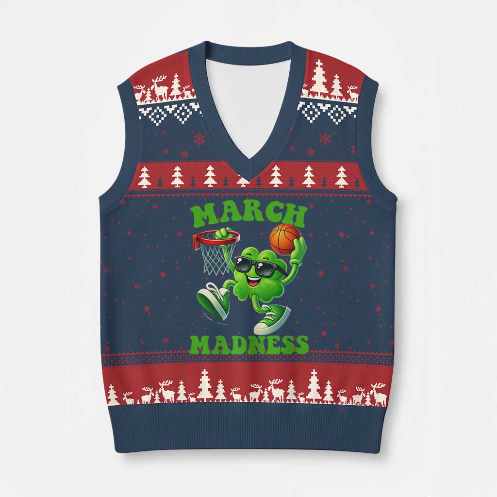 Basketball St Patricks Day V-Neck Knit Sweater Vest Mad Madness Irish Shamrock Playing Basketball Player Team Boys