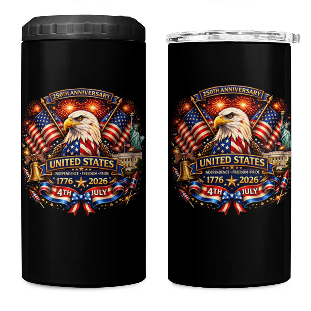 250 Years Of Freedom America 4 in 1 Can Cooler Tumbler USA Independence 250th Anniversary 1776 2026 Patriotic Eagle Flag